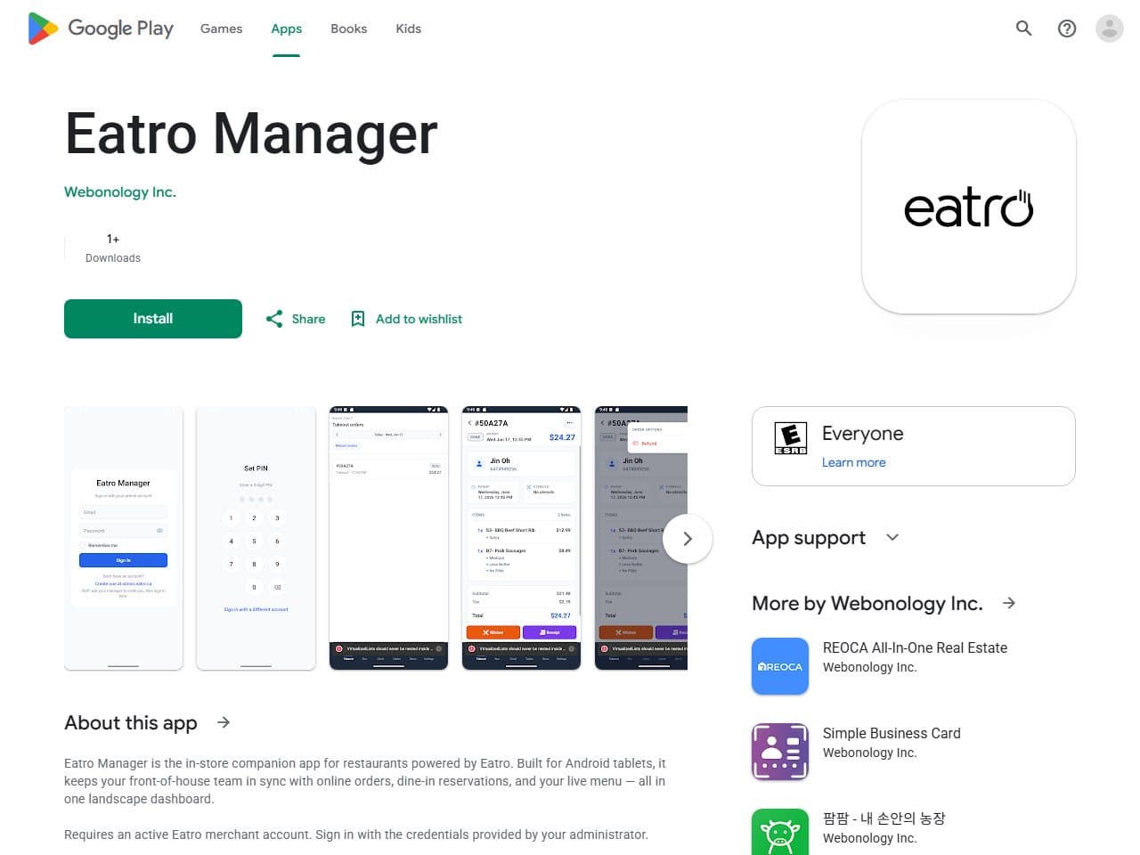 Eatro Manager Android app listing on Google Play