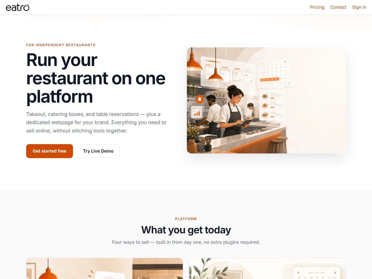 Eatro marketing site — “Run your restaurant on one platform”