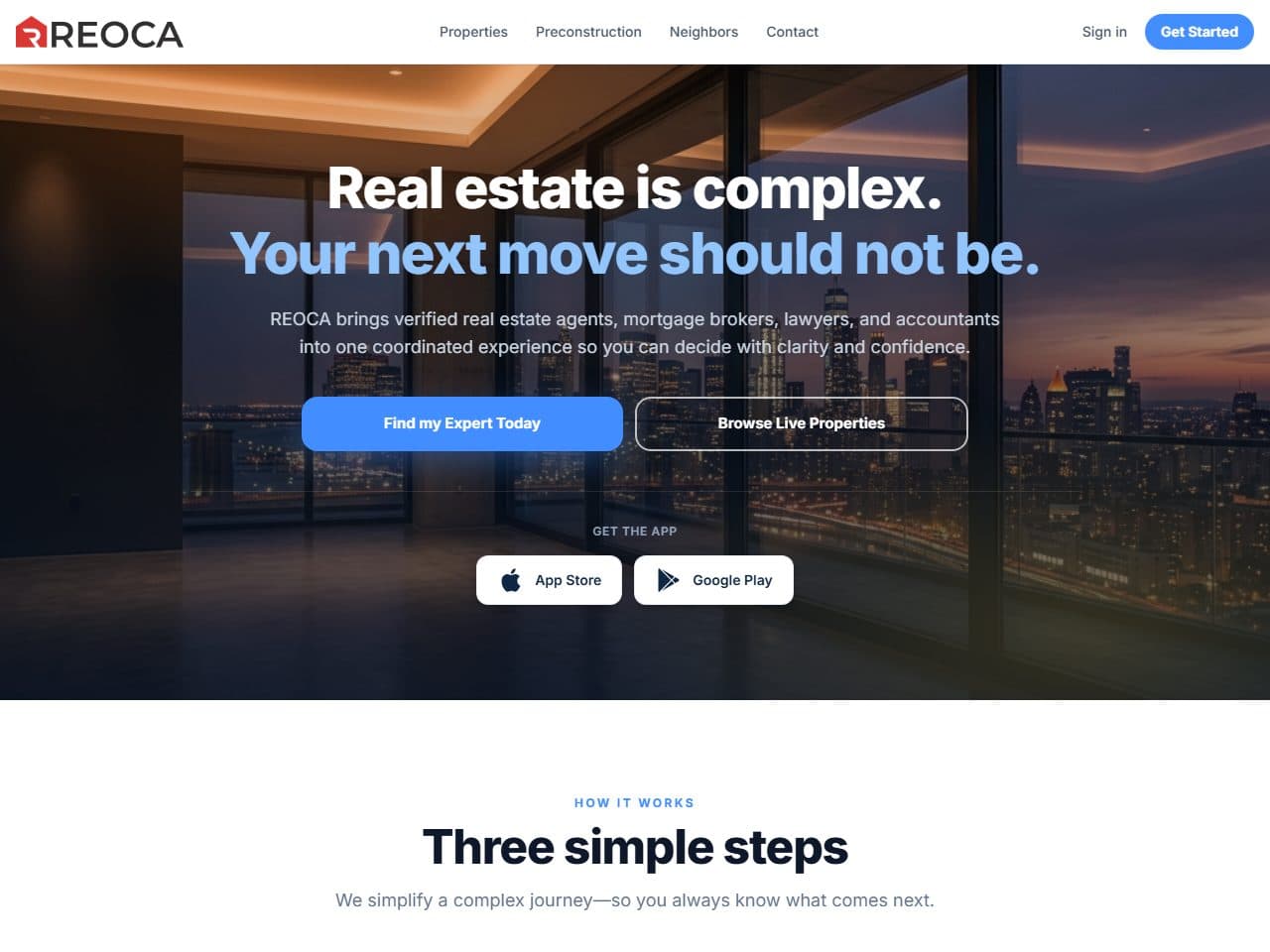 Reoca website home page with property search